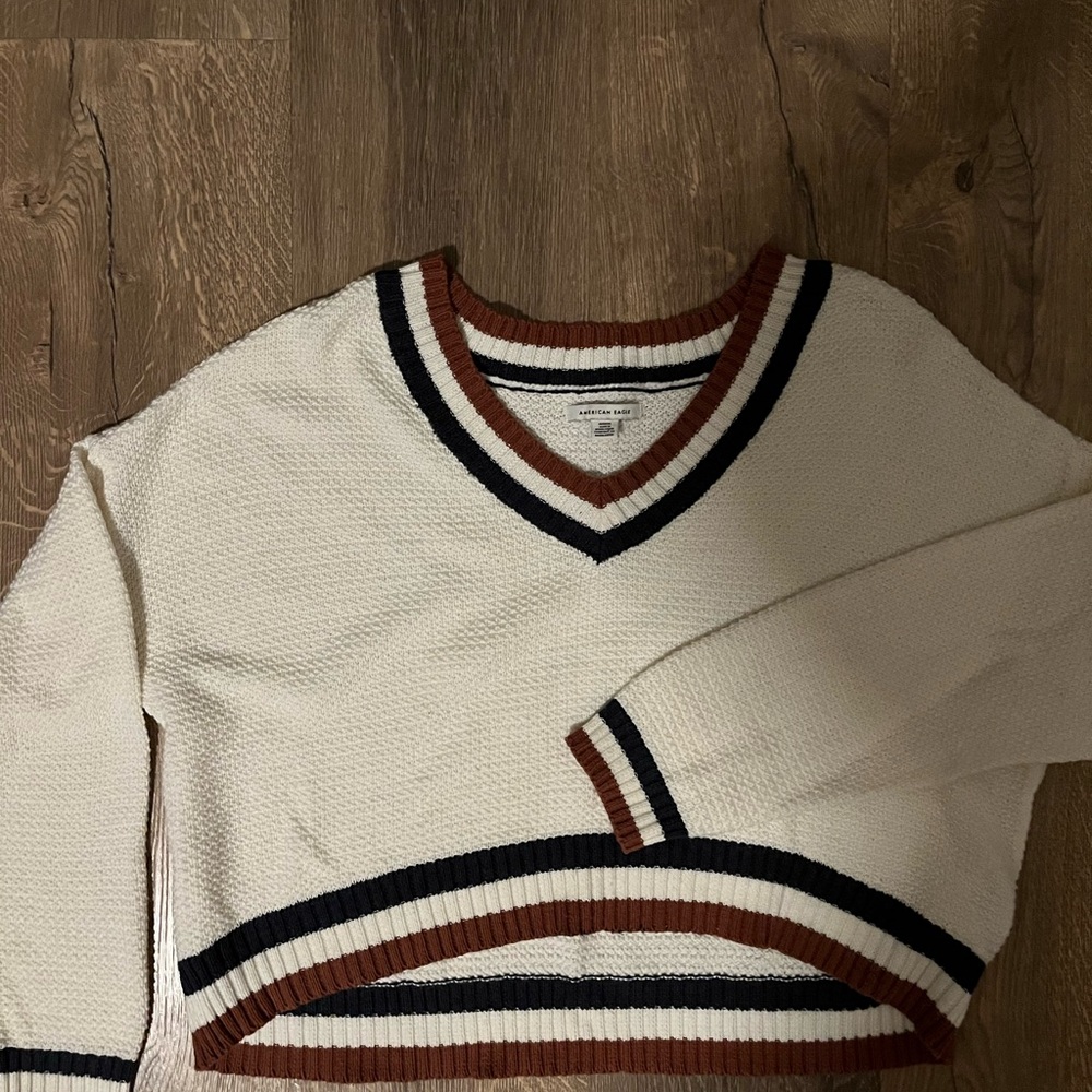 Cream V-Neck Striped Collar Sweater